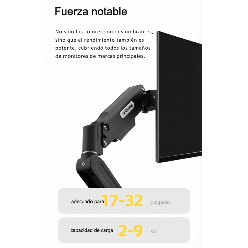 Brazo soporte de alta resistencia para monitores de 17 a 32 pulgadas, soporta cargas de 2 a 9kg asegurando estabilidad.