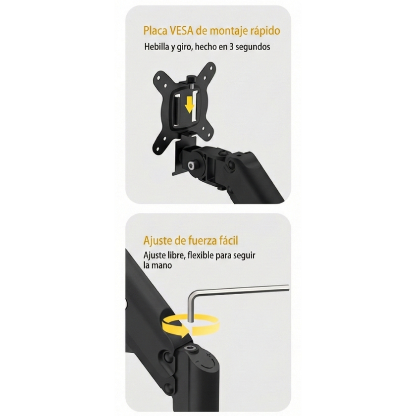 Detalle de placa VESA de montaje rápido y sistema de ajuste de tensión fácil para el brazo de monitor PS70.