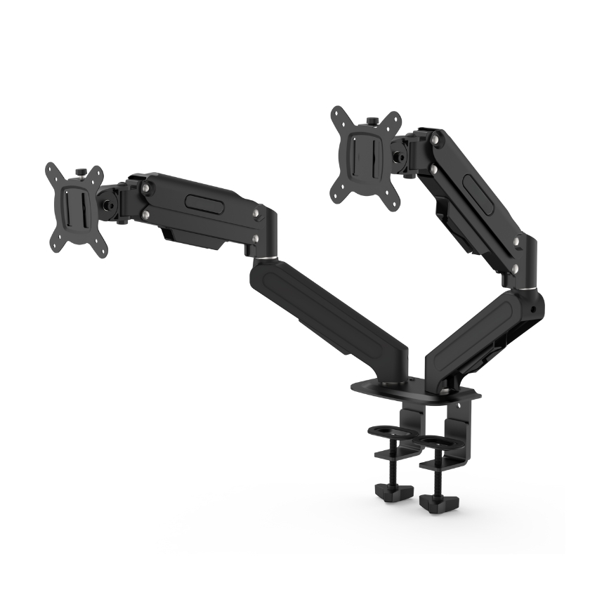 Soporte de escritorio PS140 con doble brazo articulado independiente para dos monitores. Sistema de elevación fluido y base de prensa robusta de doble tornillo. Color negro.