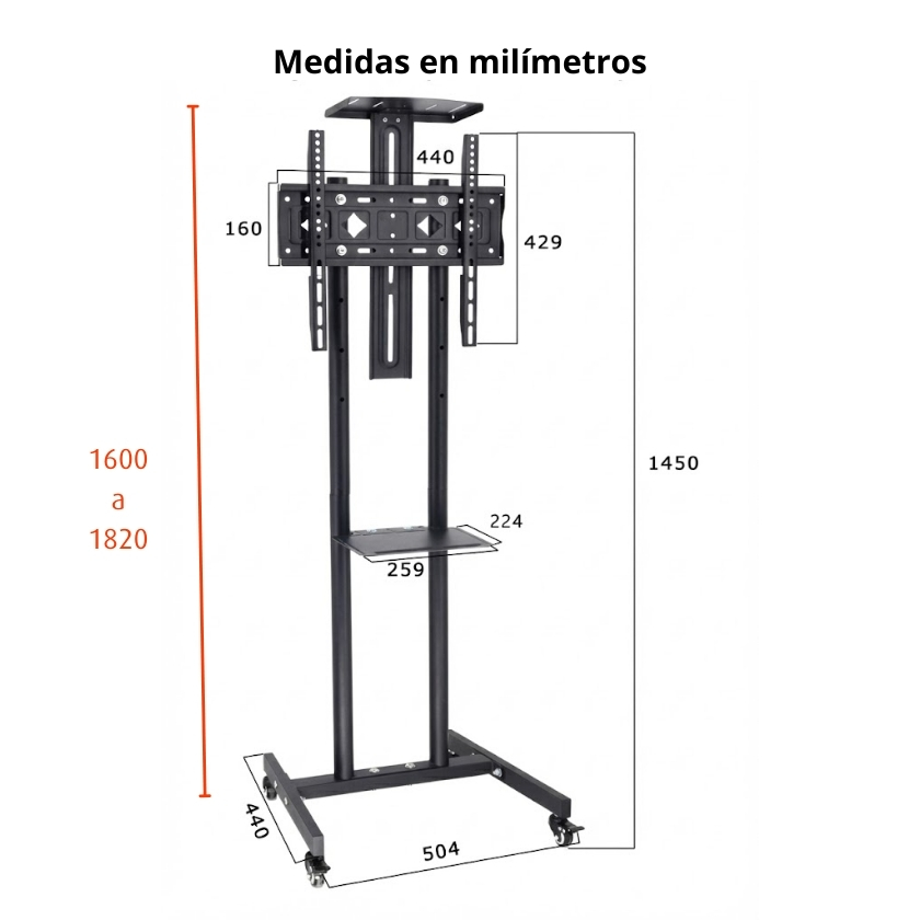 Plano técnico del pedestal móvil para TV: altura regulable de 1.60m a 1.82m y base estable de 50cm de ancho.