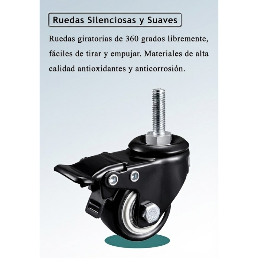 Ruedas de goma silenciosas con giro 360 grados y freno de seguridad para fijar la posición del pedestal de TV.