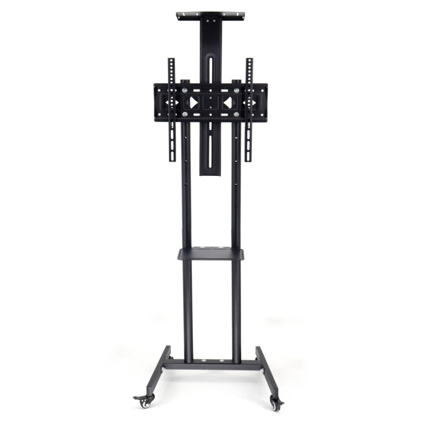 Pedestal soporte de piso móvil para TV con ruedas y bandeja metálica, ideal para conferencias y oficinas. Modelo Y609S3.