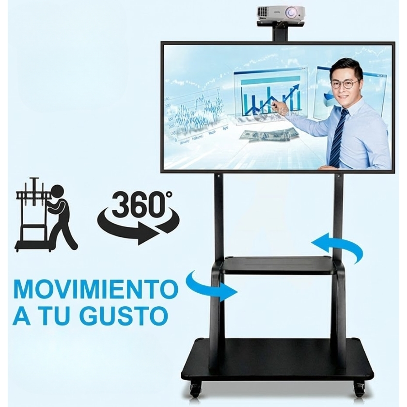 Imagen ilustrativa de la facilidad de movimiento del pedestal pesado gracias a sus ruedas giratorias de 360 grados, ideal para presentaciones dinámicas.
