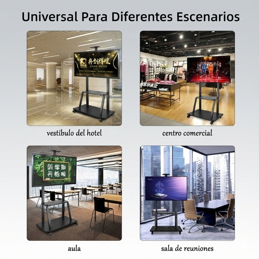 Mosaico de imágenes mostrando los usos ideales del pedestal móvil: en vestíbulos de hotel, centros comerciales, aulas de clase y salas de reuniones ejecutivas.