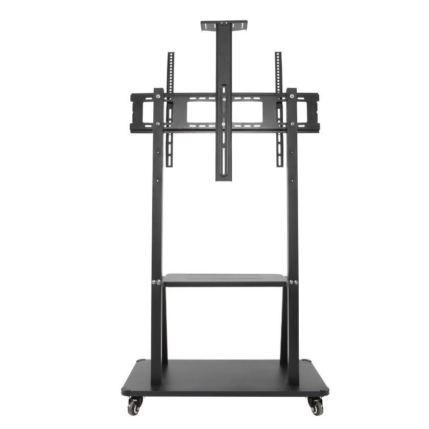 Vista frontal de la estructura del pedestal móvil Y810-2. Se aprecian los dos postes de acero reforzado, la base ancha y las dos bandejas.