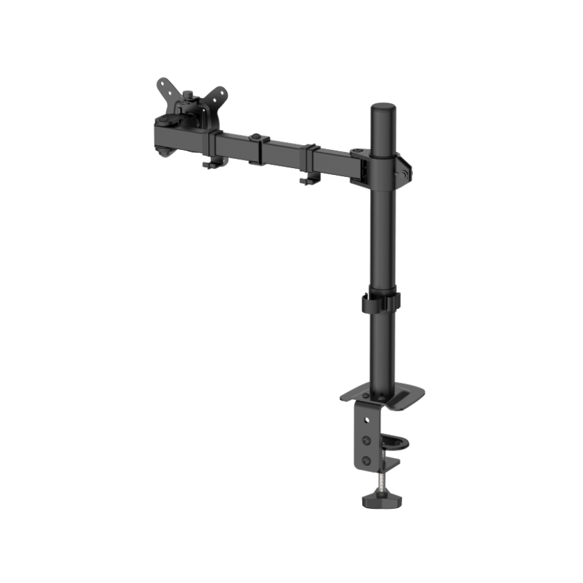 Rack soporte de escritorio para un monitor modelo PM50, brazo articulado ergonómico de color negro.