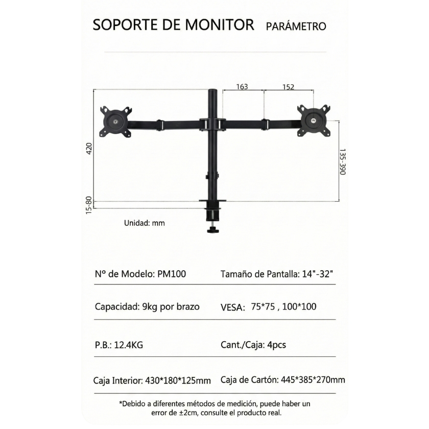 Plano técnico del soporte doble monitor PM100: altura 420mm, extensión de brazos y compatibilidad VESA 75x75 / 100x100.