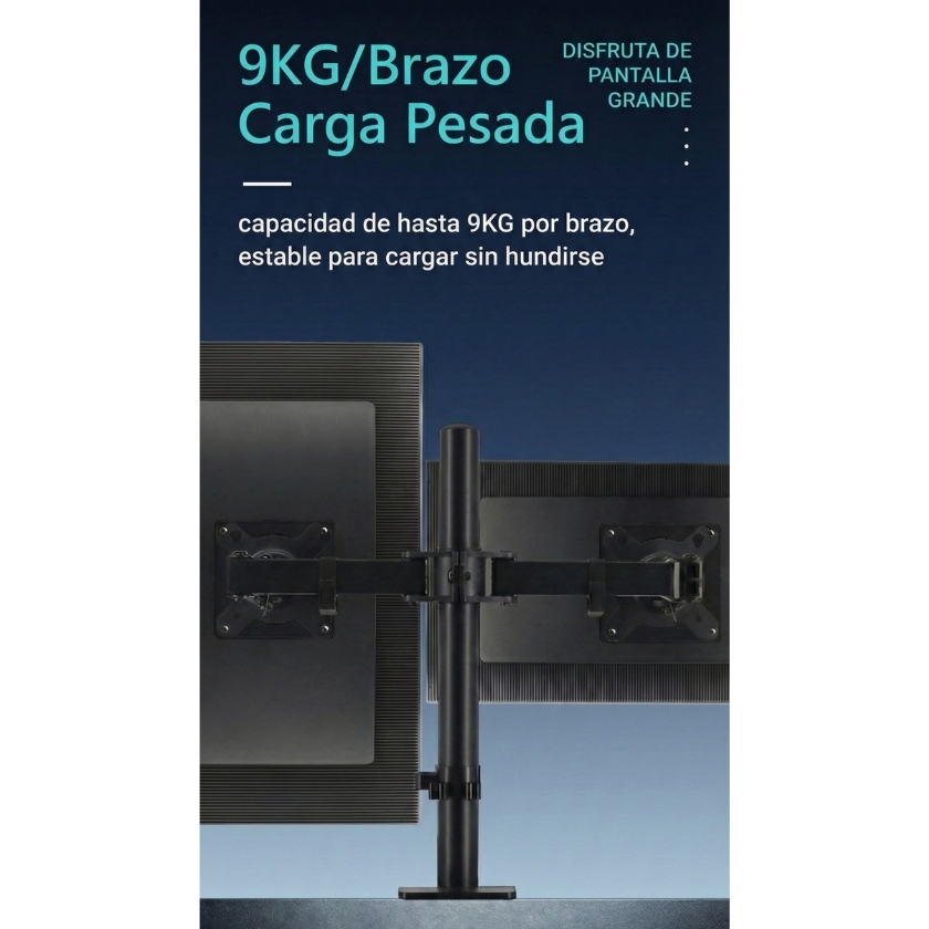 Detalle de resistencia del rack doble PM100: soporta carga pesada de hasta 9kg por brazo sin hundirse ni ceder.