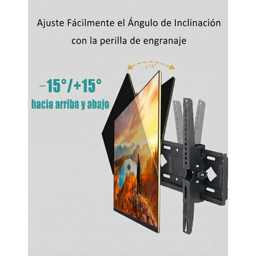 Rack para TV C43 mostrando ajuste de inclinación de 15 grados arriba y abajo