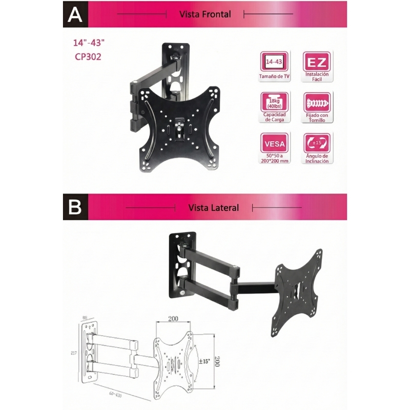Rack CP302 para TV 14-43 pulgadas con vistas frontal y lateral, capacidad 18kg