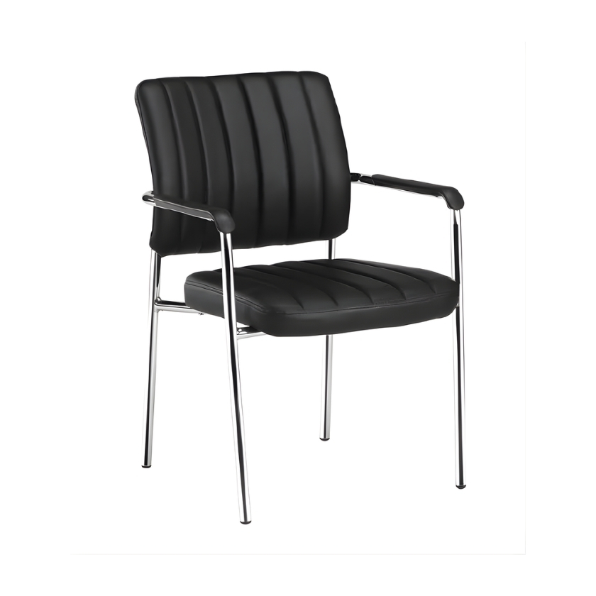 Silla fija Prosa negra con respaldo con diseño de líneas verticales con reposabrazos y estructura cromada