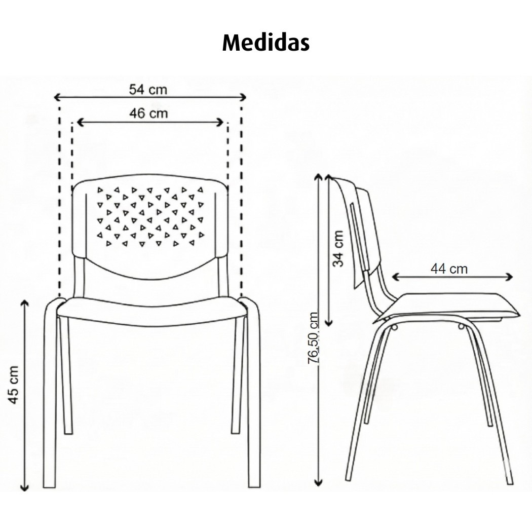 Plano de dimensiones de la silla Prisma: altura total 76.50cm, ancho de asiento 46cm y altura de asiento 45cm. Diseño ergonómico compacto.