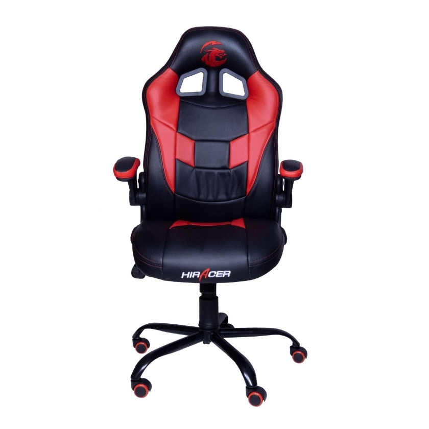 Vista frontal de la silla gamer ergonómica marca Hiracer, tapizado en cuero sintético colores rojo y negro con logo de dragón en el cabezal.