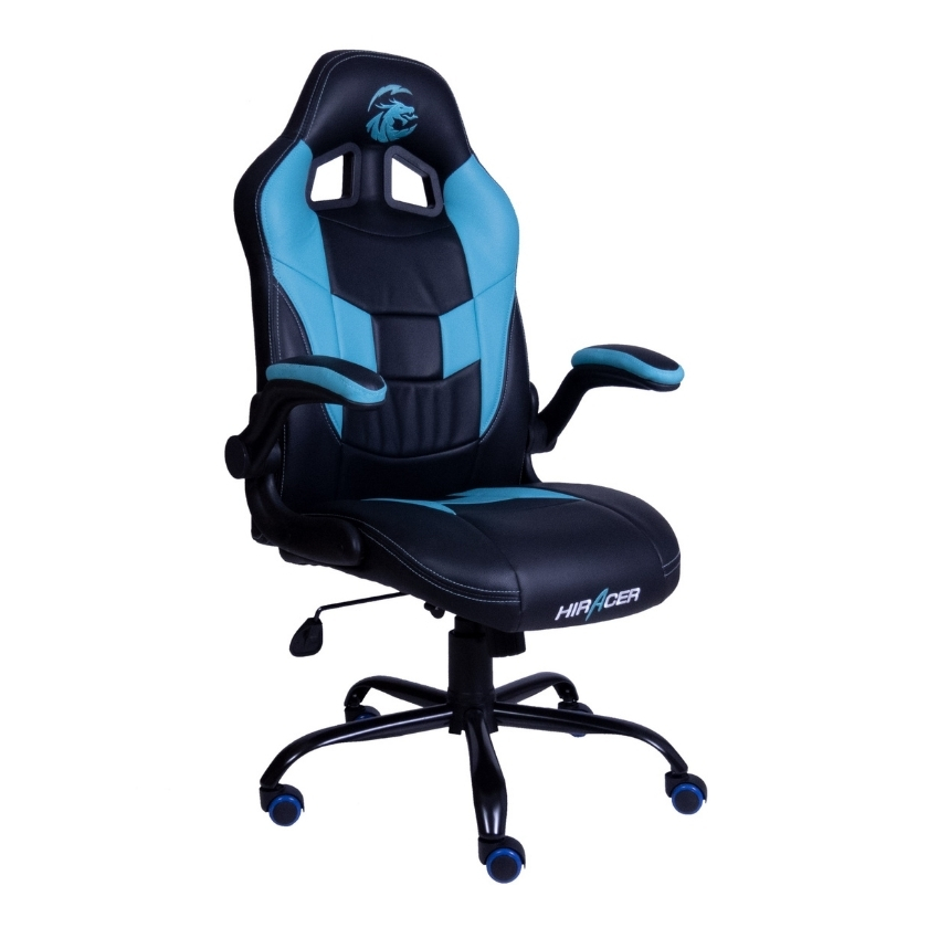 Vista en ángulo de la silla para juegos Hiracer Antares en combinación azul y negro, mostrando el diseño envolvente del respaldo y asiento.