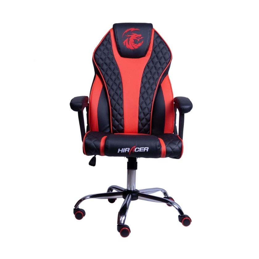 Vista frontal de la silla Cobra en rojo y negro. Destaca su tapizado con costuras de diamante (capitoné) y logo de dragón en el cabezal.