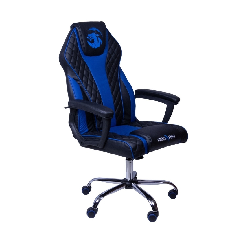 Silla gamer modelo Cobra color azul, diseño envolvente con acabado premium en cuero PU y base estrellada cromada.