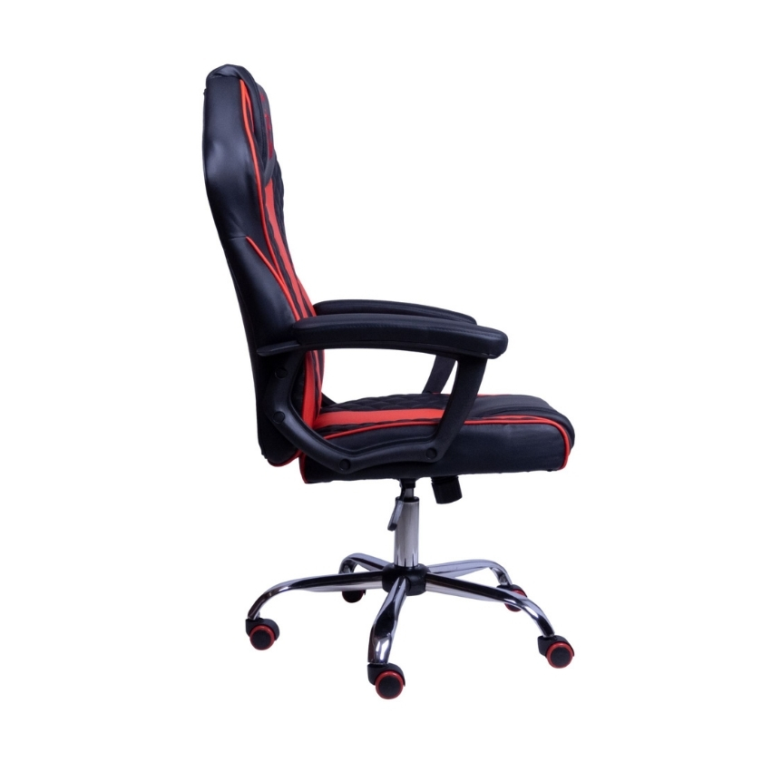 Vista de perfil de la silla gamer Cobra, mostrando su estructura curva ergonómica, reposabrazos acolchados y resistente base de metal cromado.