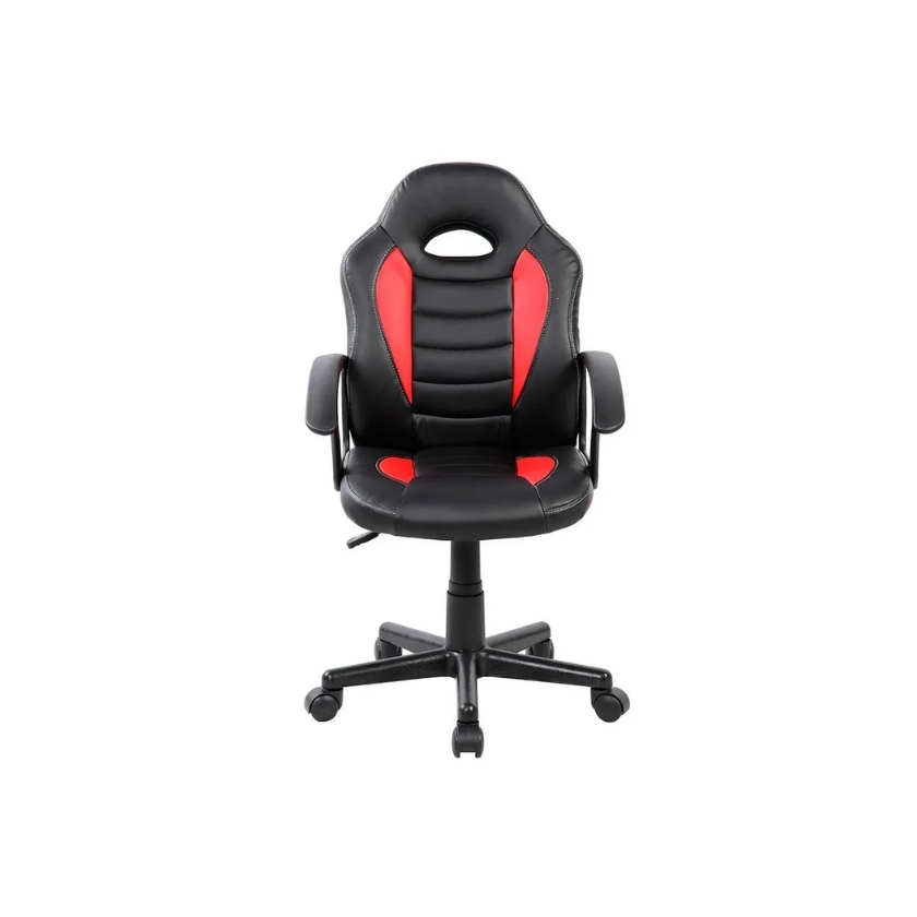 Vista frontal de silla gamer modelo estudiante, tamaño compacto ideal para niños y adolescentes. Diseño racing en cuero PU rojo y negro.