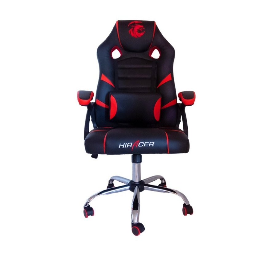 Vista frontal de la silla gamer Kerrigan en rojo y negro. Destaca su almohadilla de soporte lumbar, base cromada y diseño deportivo.