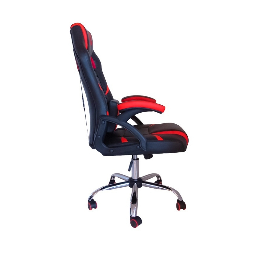 Vista de perfil de la silla Kerrigan roja, mostrando la curvatura del respaldo, el cojín lumbar incluido