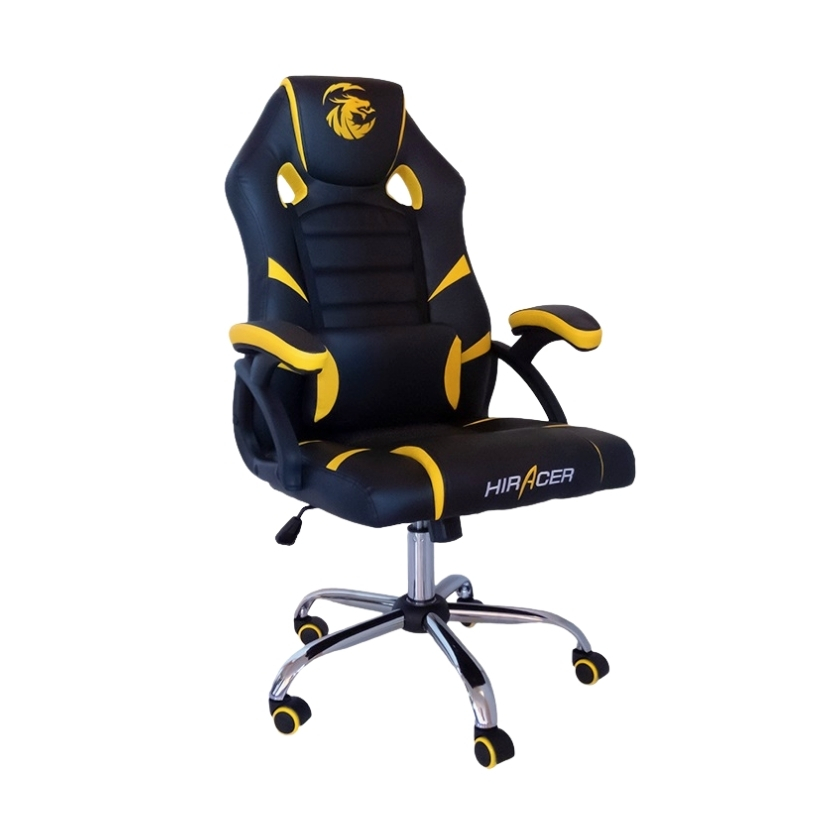 Silla para juegos modelo Kerrigan en color amarillo y negro, con tapizado de cuero PU, base de metal cromado y ruedas con goma anti rayaduras.