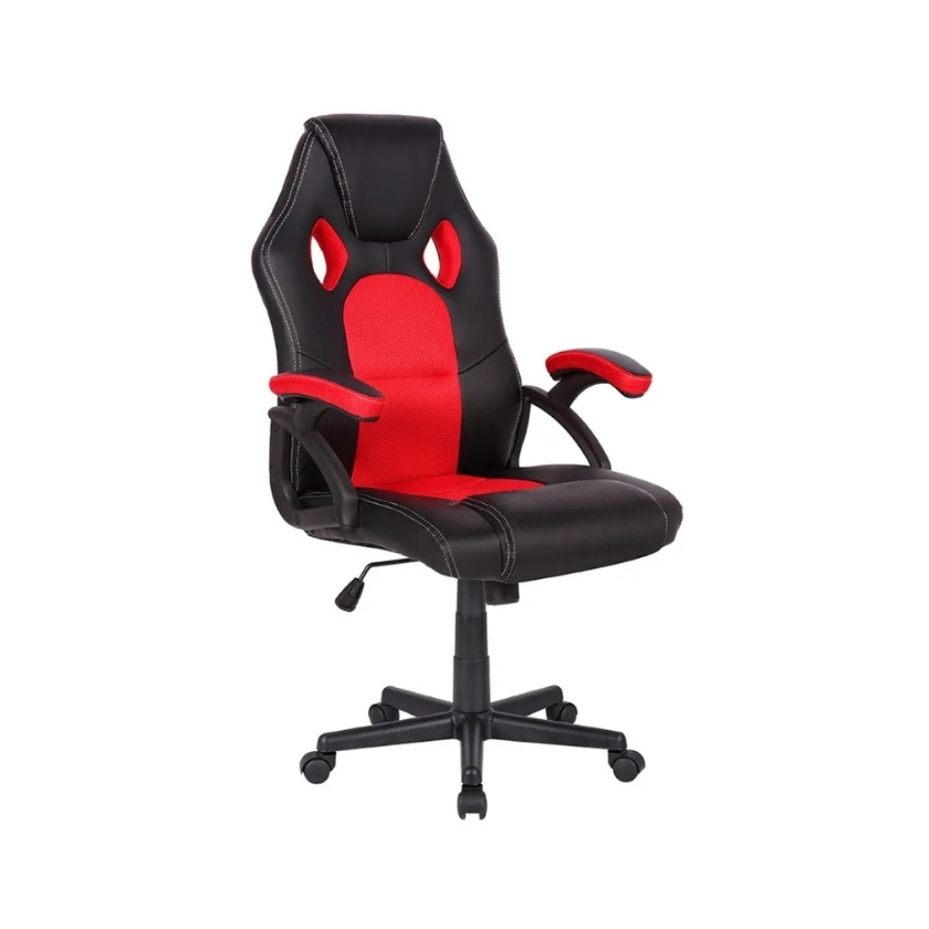Vista frontal de silla gamer modelo Racing. Combina cuero PU negro resistente con tejido de malla transpirable roja en el centro para evitar el calor.