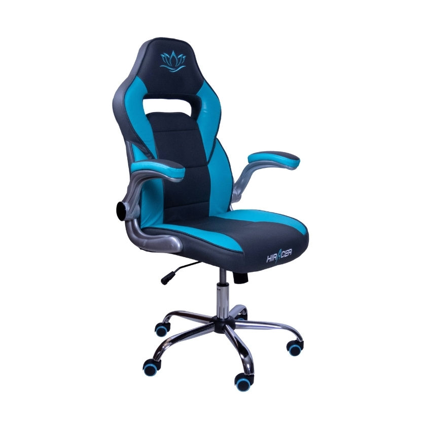 Silla gamer Hiracer modelo Selene en color turquesa y plomo, diseño ergonómico con brazos abatibles plateados.