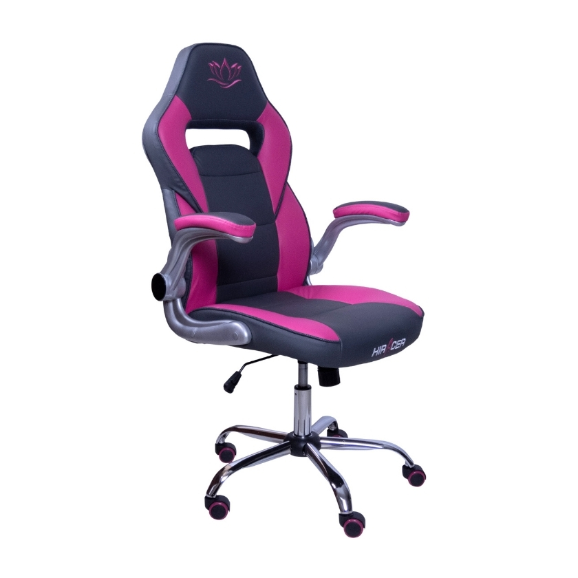 Silla gamer modelo Selene color rosado y plomo, con base de metal cromado y bordado de flor de loto en el cabezal.