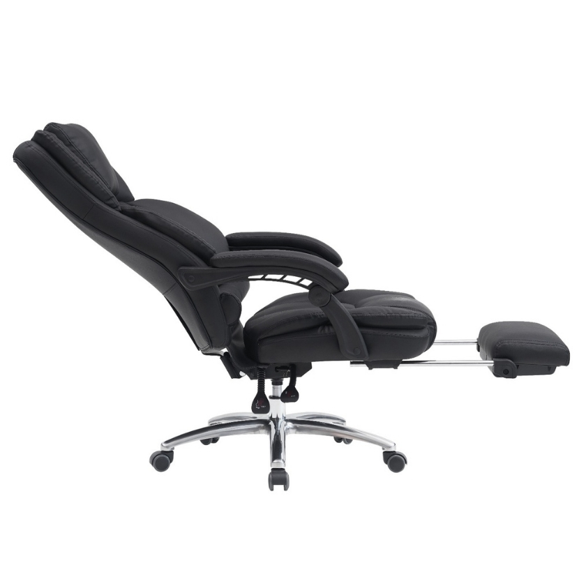 Silla presidencial Borges en posición reclinada mostrando reposapiés desplegado