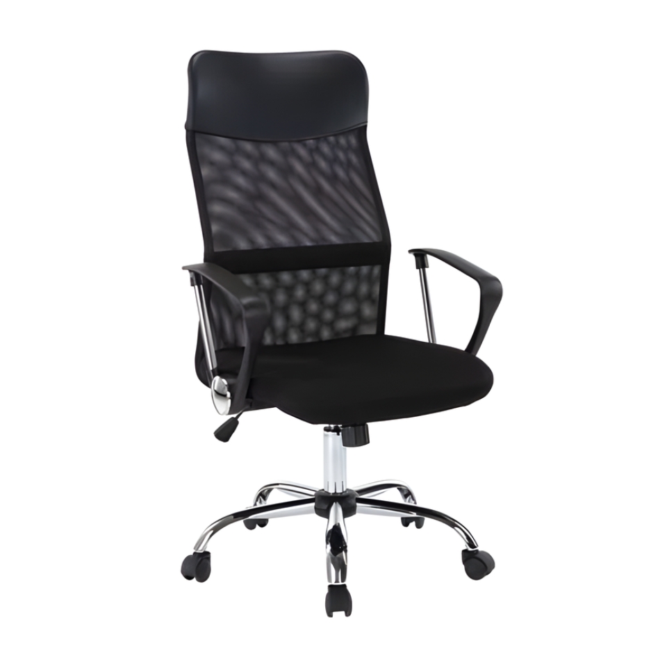 Silla secretarial de malla alta negra con y base cromada