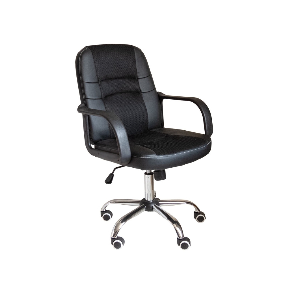 Silla secretarial Trovador negra con paneles de malla y laterales de cuero sintético