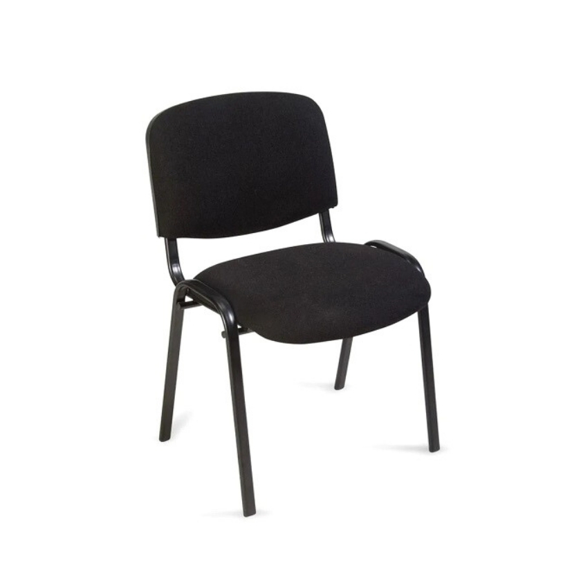 Silla de visita ISO negra apilable sin brazos con tapizado de tela y patas metálicas