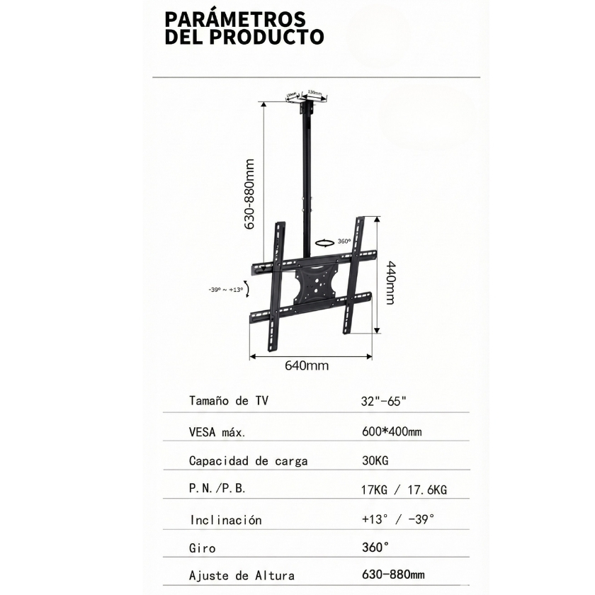 Ficha técnica de rack DN06: TV 32-65 pulgadas, giro 360°, inclinación +13° / -39°