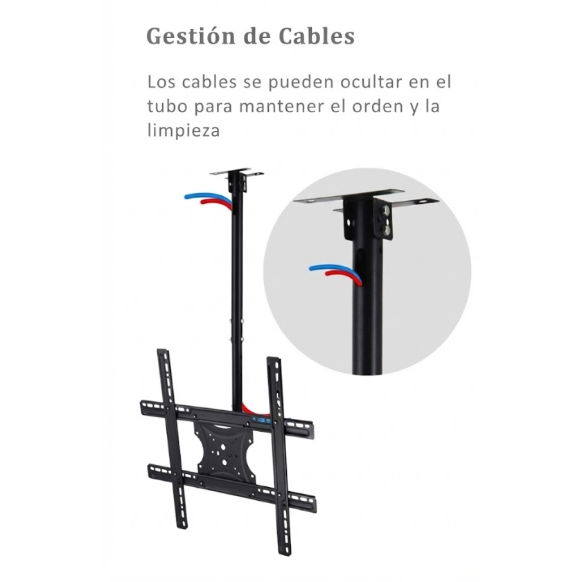 Soporte de techo DN06 mostrando sistema de gestión de cables ocultos en el tubo